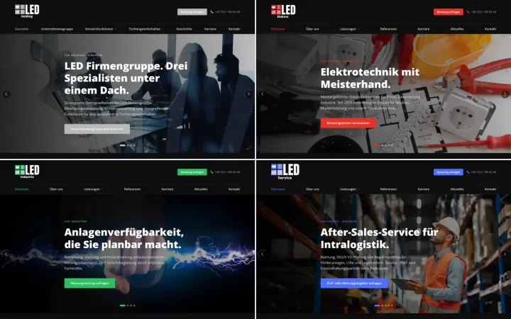 Startseiten der vier Websites der LED-Gruppe: LED Holding, LED Elektro, LED Industrie und LED Service
